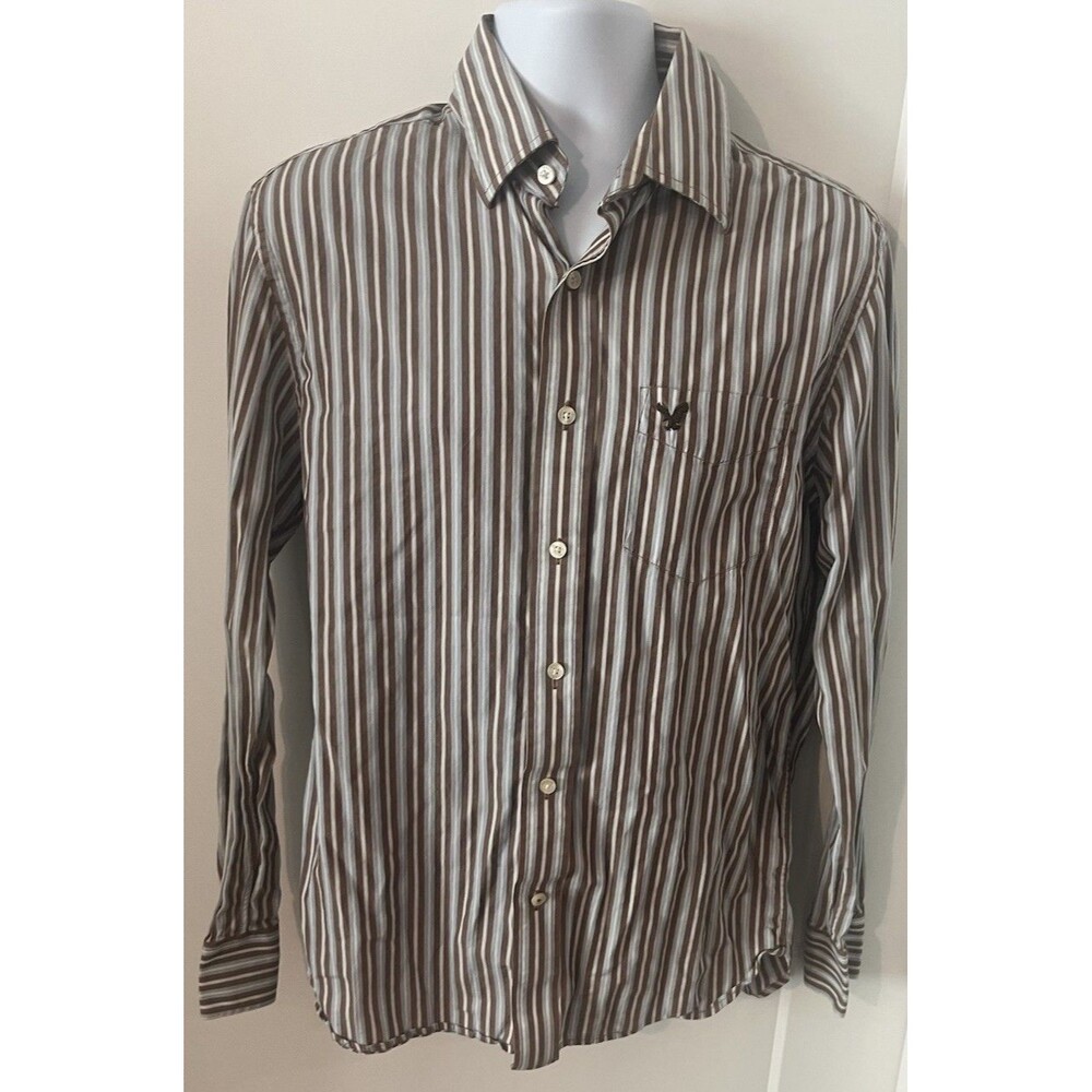 American Eagle Y2K Vtg Fit Blue, White & Brown Stripe Long Sleeve Button Shirt M